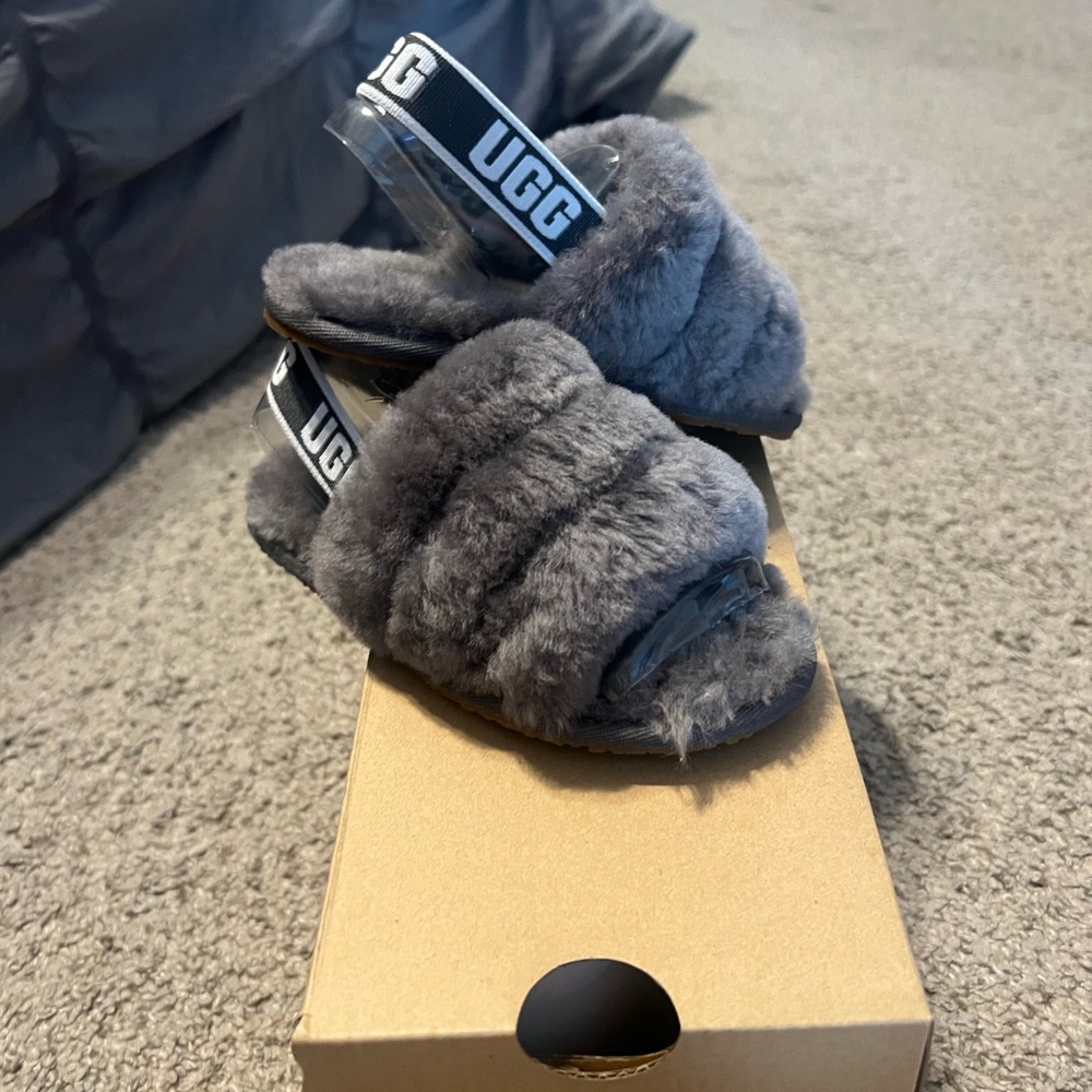 UGG Charcoal Fluffy Slide Sandals